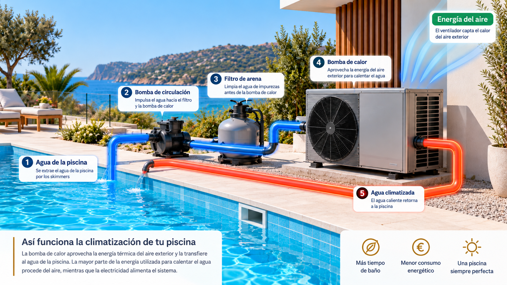 Infografía del funcionamiento de una bomba de calor para piscina: el agua de la piscina se extrae por los skimmers, pasa por la bomba de circulación, el filtro de arena y la bomba de calor, y regresa climatizada a la piscina, mientras el ventilador captura la energía del aire exterior.