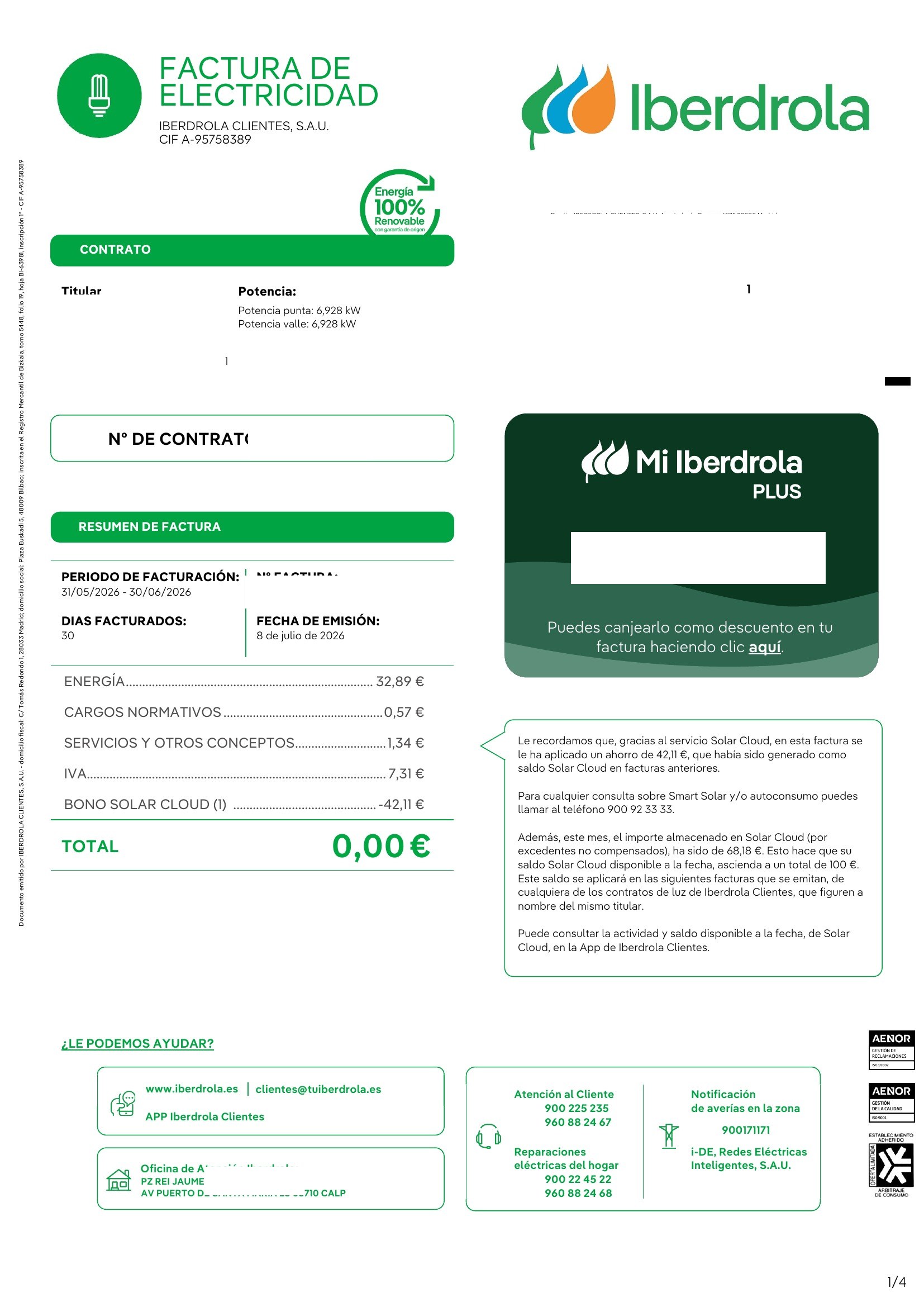 Vollständige Original-Rechnung von Iberdrola (8. Juli 2026), Seite 1/4